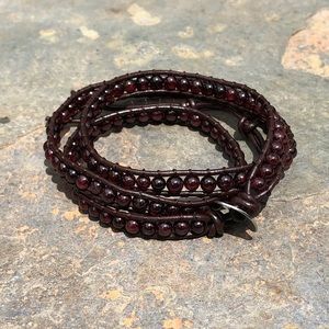Red garnet gemstone, triple leather wrap bracelet